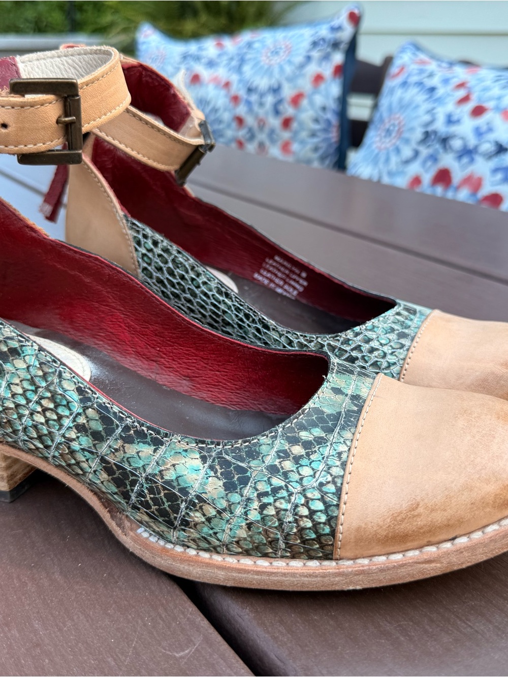 Freebird by Steven Tan Leather & Teal Snake-Print Ankle Strap Heels “Marilyn” - Picture 2 of 5